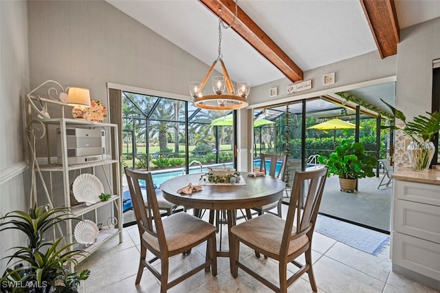 sunroom / solarium with vaulted ceiling with beams, a healthy amount of sunlight, and a notable chandelier