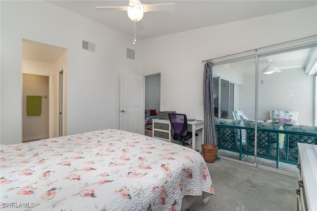 bedroom with ceiling fan and vaulted ceiling