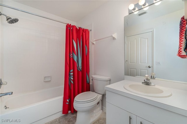 full bathroom with shower / bath combination with curtain, toilet, and vanity