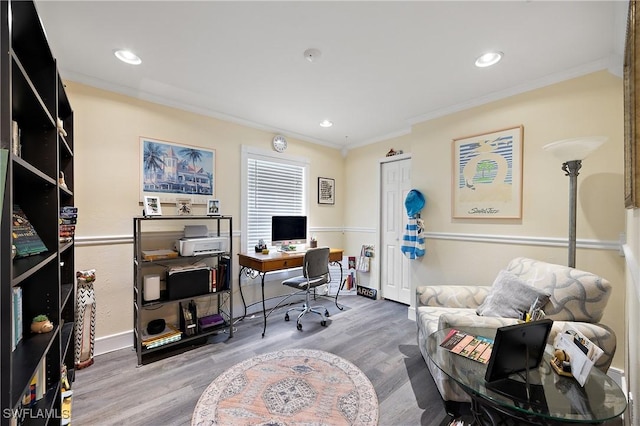 office space with ornamental molding and wood-type flooring