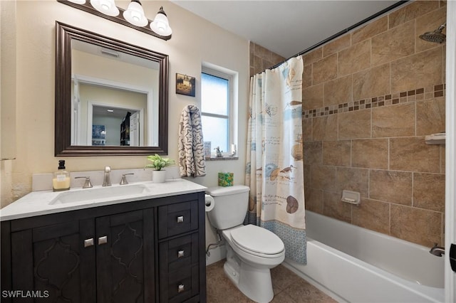 full bathroom featuring toilet, vanity, shower / bath combo, and tile patterned flooring