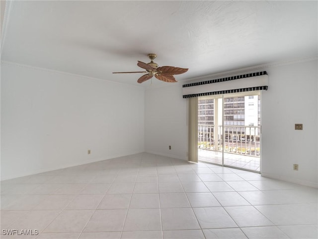 unfurnished room featuring crown molding, ceiling fan, and light tile patterned flooring