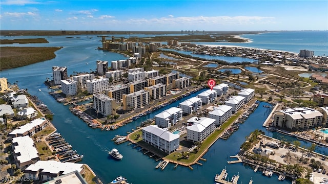 drone / aerial view featuring a water view