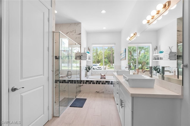 bathroom with vanity and separate shower and tub