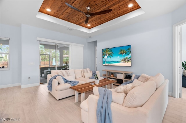 living room with ceiling fan, light hardwood / wood-style floors, a raised ceiling, and wood ceiling