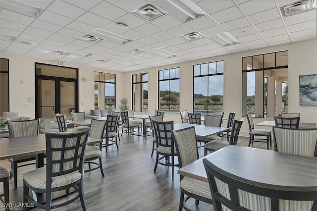 dining space with a drop ceiling and dark hardwood / wood-style floors