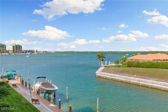 view of water feature with a dock