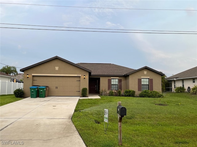 single story home with a garage and a front lawn