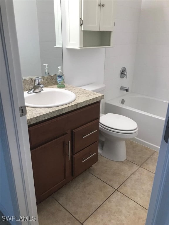 full bathroom featuring shower / tub combination, tile patterned flooring, vanity, and toilet