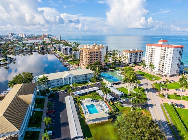 aerial view featuring a water view