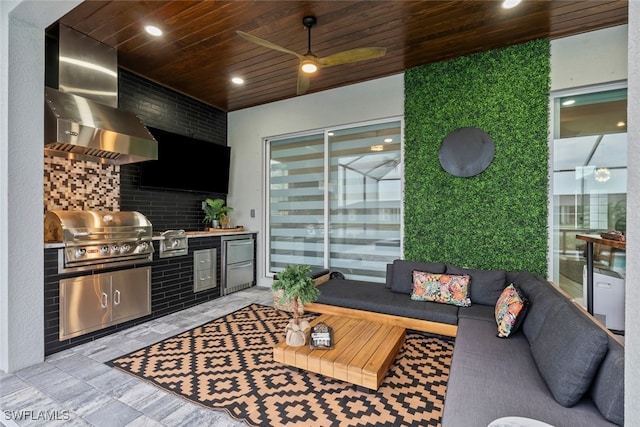 living room featuring ceiling fan, wood ceiling, and brick wall