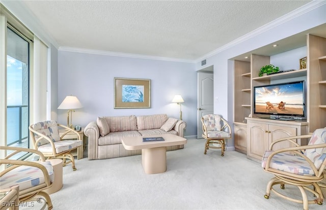 carpeted living area featuring visible vents, built in features, a textured ceiling, and ornamental molding