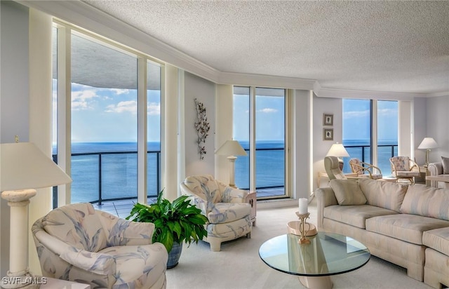 living room featuring crown molding, a water view, and a healthy amount of sunlight