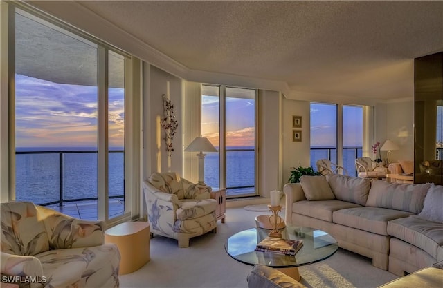 living room with a water view, a textured ceiling, ornamental molding, and carpet flooring