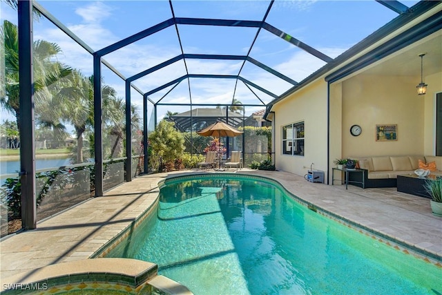 view of swimming pool with a lanai, an outdoor living space, a water view, and a patio