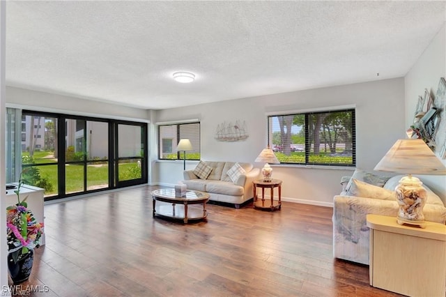 living area featuring a textured ceiling, baseboards, and hardwood / wood-style flooring