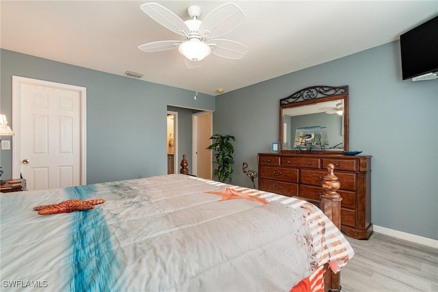 bedroom featuring ceiling fan and light hardwood / wood-style floors