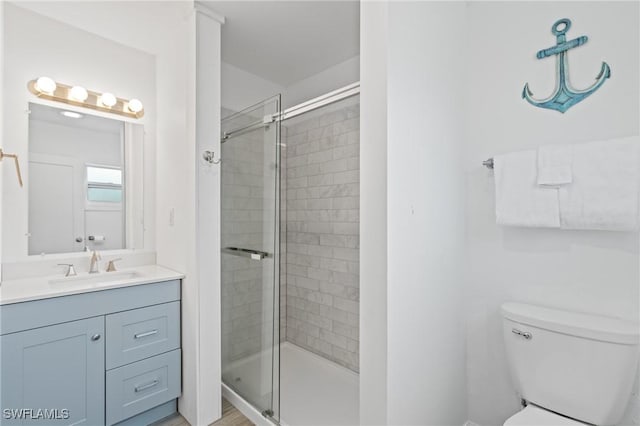 bathroom with toilet, vanity, and walk in shower