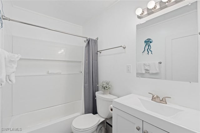 full bathroom with vanity, shower / tub combo, and toilet