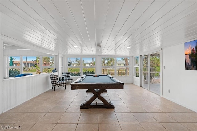 recreation room featuring light tile patterned floors, wooden ceiling, and pool table