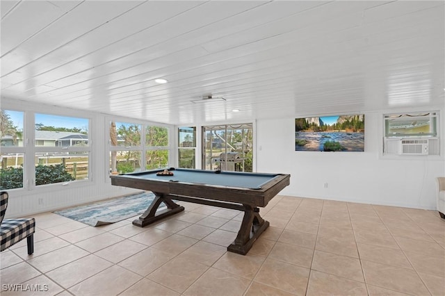 playroom with light tile patterned flooring, pool table, and cooling unit