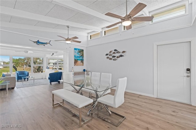 dining space with a towering ceiling, beam ceiling, light wood-type flooring, and ceiling fan