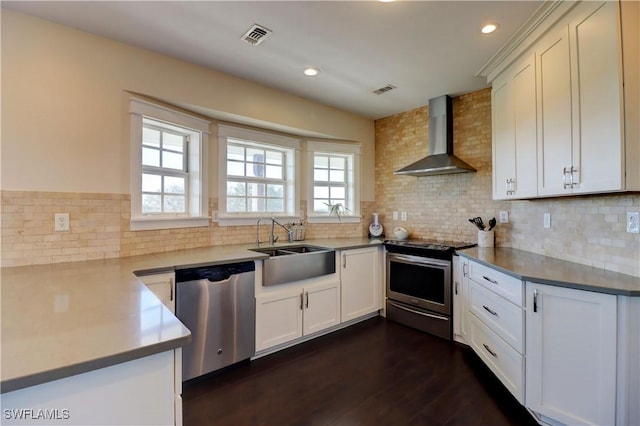 kitchen with dark wood-type flooring, sink, wall chimney exhaust hood, white cabinetry, and stainless steel appliances