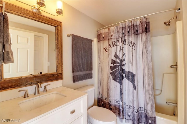 full bathroom with vanity, toilet, and shower / bath combo with shower curtain