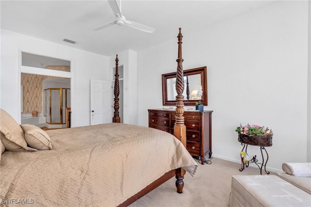 bedroom with ceiling fan and light colored carpet