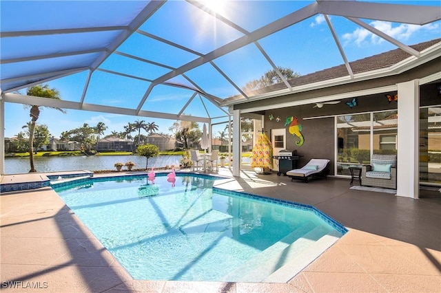 view of swimming pool featuring a water view, ceiling fan, a lanai, a grill, and a patio area