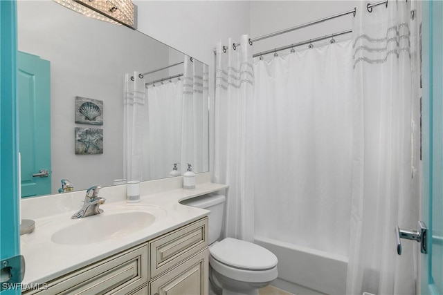 full bathroom with vanity, toilet, and shower / tub combo with curtain