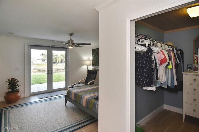 bedroom with ceiling fan, crown molding, and access to outside