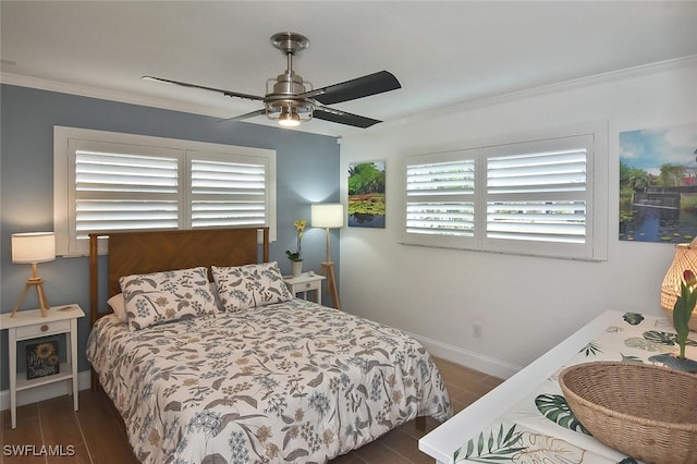 bedroom with ceiling fan, ornamental molding, dark wood-type flooring, and multiple windows