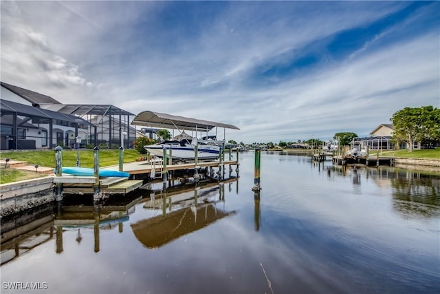 view of dock featuring a lanai and a water view