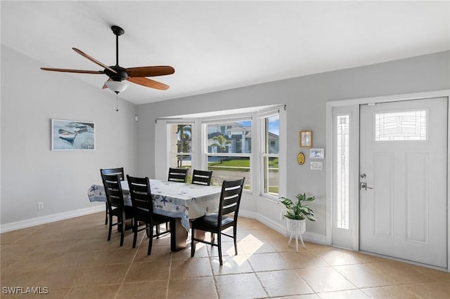 dining space featuring ceiling fan and lofted ceiling