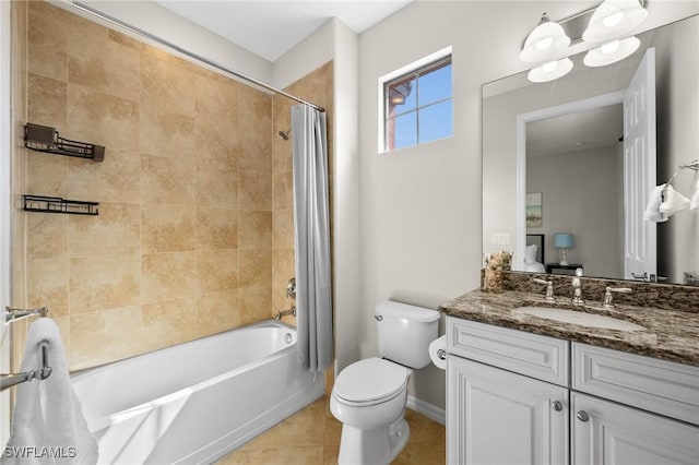 full bathroom with vanity, tile patterned floors, toilet, shower / tub combo, and a chandelier