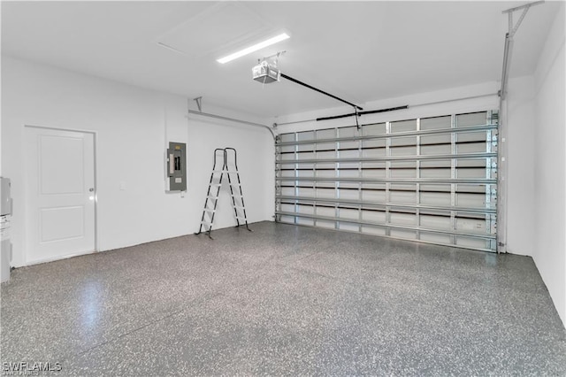 garage featuring electric panel and a garage door opener