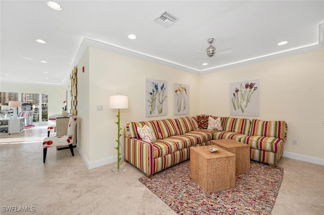 living room with ceiling fan and ornamental molding