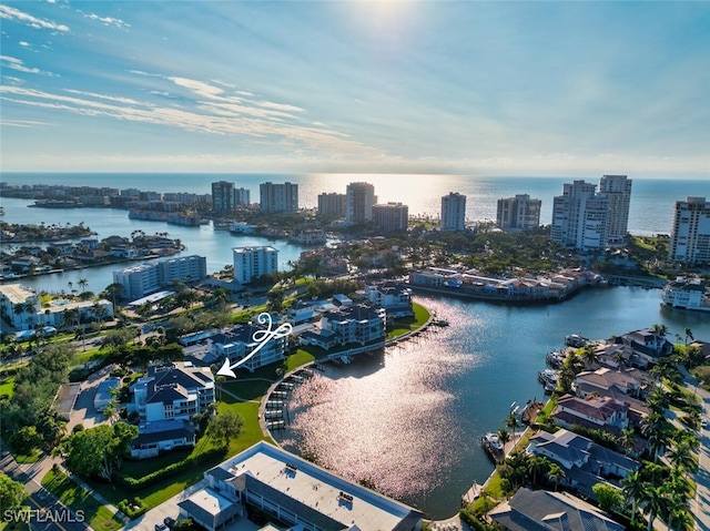 drone / aerial view with a water view