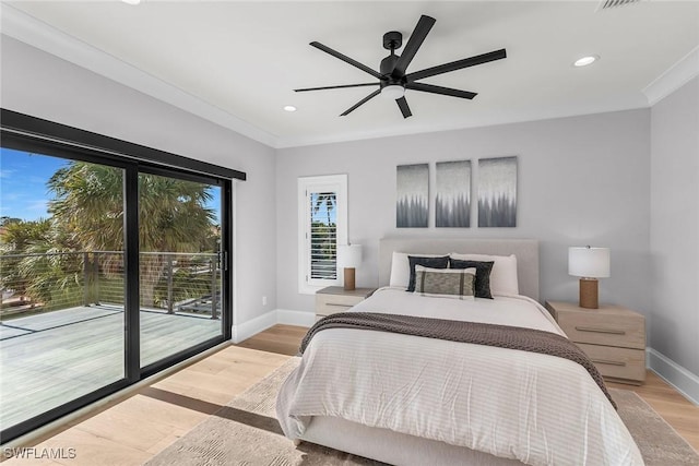 bedroom with ceiling fan, light hardwood / wood-style floors, crown molding, and access to exterior