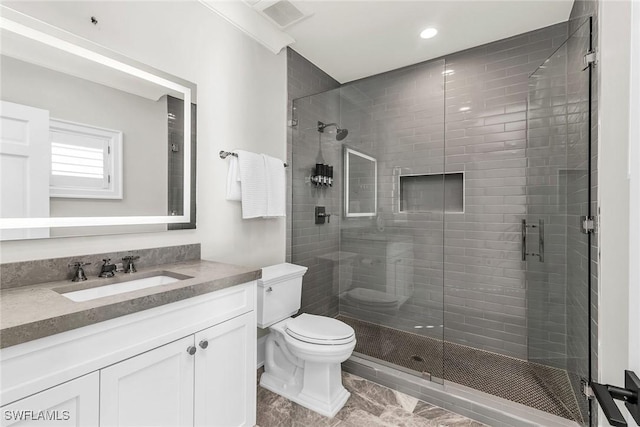1631 Galleon Ct, Marco Island, FL 34145 - full bathroom featuring vanity, a stall shower, marble look tile flooring, and recessed lighting