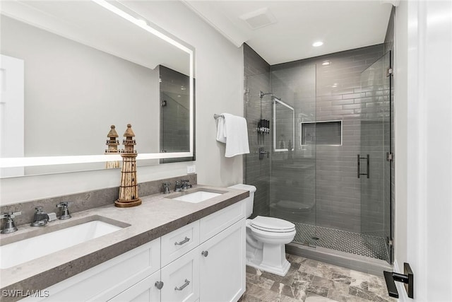 1631 Galleon Ct, Marco Island, FL 34145 - bathroom featuring double vanity, a shower stall, and recessed lighting