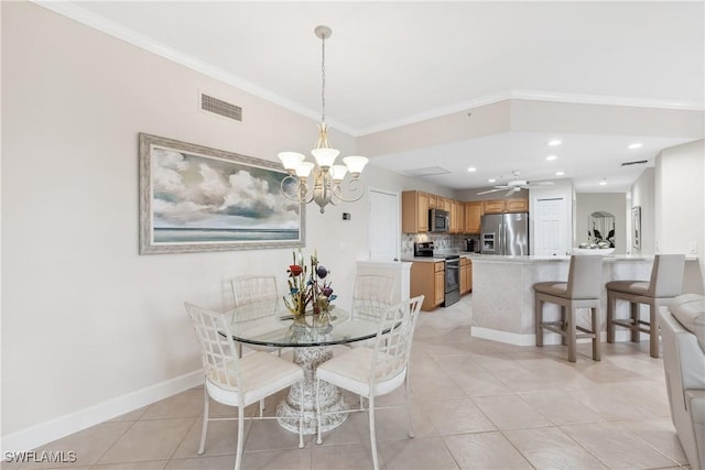 dining room with light tile patterned floors, recessed lighting, visible vents, baseboards, and ornamental molding