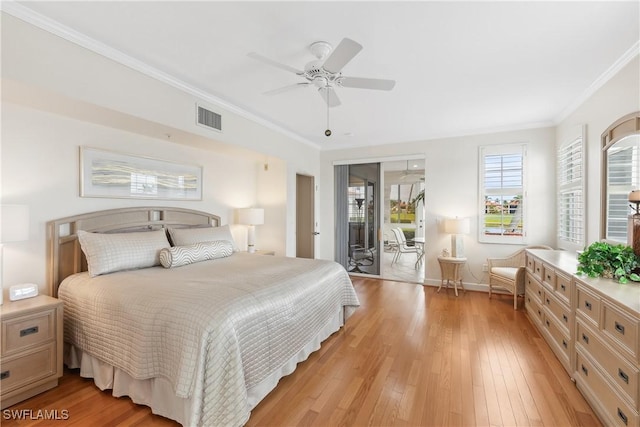 bedroom featuring baseboards, visible vents, ceiling fan, crown molding, and light wood-style floors