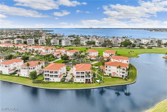 drone / aerial view featuring a water view