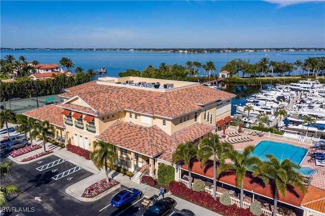 aerial view featuring a water view