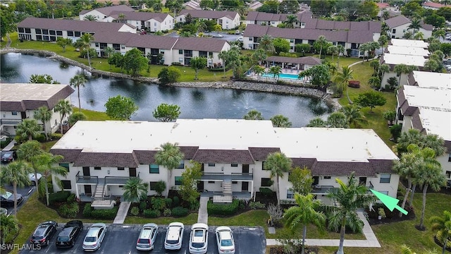 bird's eye view with a water view