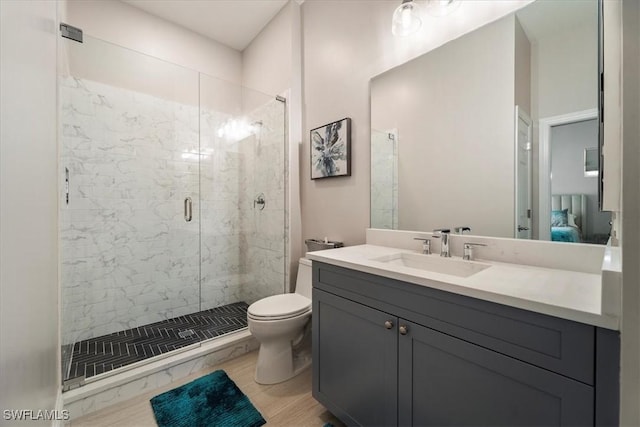 bathroom with wood-type flooring, vanity, toilet, and an enclosed shower