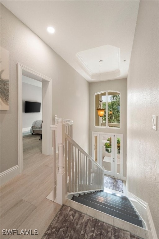 foyer entrance featuring a raised ceiling and light hardwood / wood-style flooring