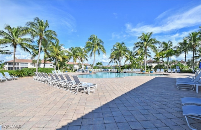 view of swimming pool featuring a patio